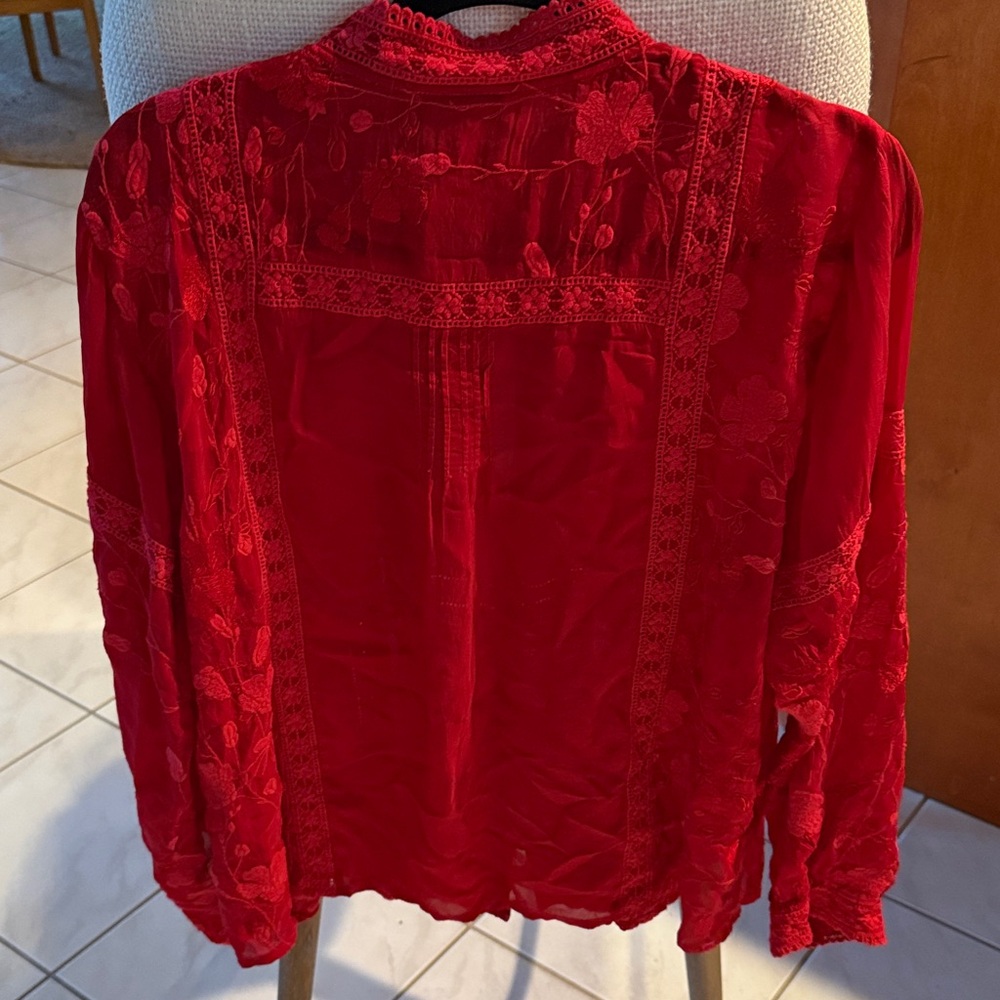 Johnny Was Red Embroidered Ruffle Front Blouse - Picture 6 of 11